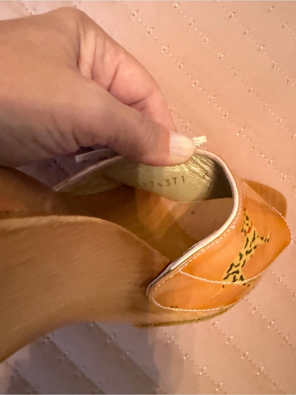 Stuart Weitzman Orange and Yellow Patterned Wedge Sandals - Picture 5 of 7